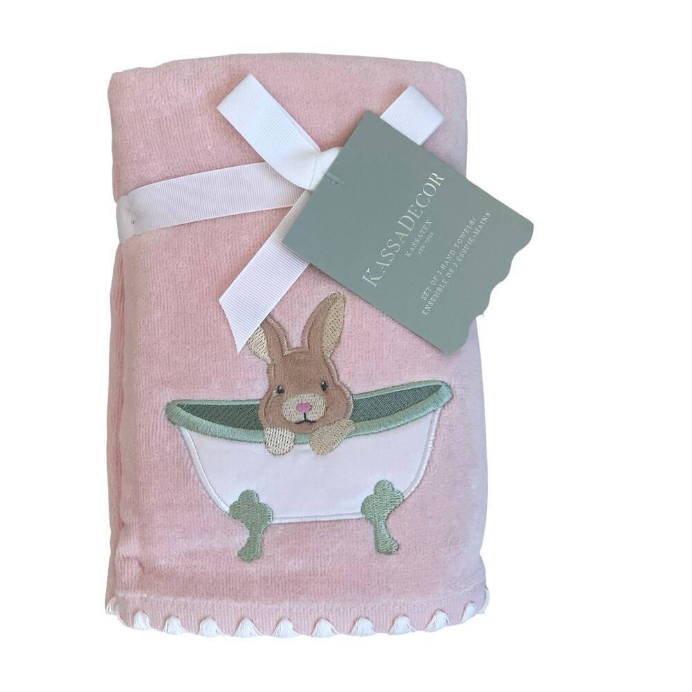 NEW Kassatex 2pk Hand Towels Easter Bunny in Bath Tub Pastel Pink 18x28